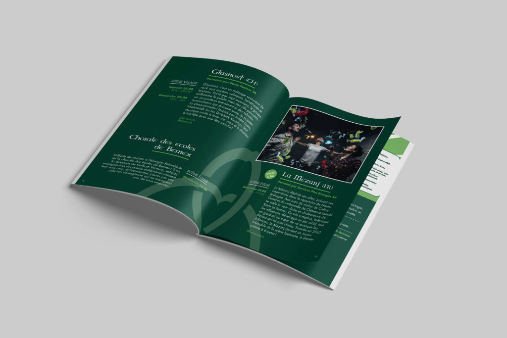 Affiche du festival Rencontres Musicales de Bernex 2025 conçue par Blou Design à Genève. Identité visuelle inspirée d'un noeud celtique, à l'ambiance verdoyante, et une typo très typée. Déclinée sur les supports imprimés et digitaux du festival : affiche, programme, flyer et signalétique.