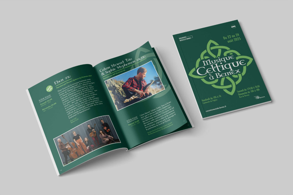 Affiche du festival Rencontres Musicales de Bernex 2025 conçue par Blou Design à Genève. Identité visuelle inspirée d'un noeud celtique, à l'ambiance verdoyante, et une typo très typée. Déclinée sur les supports imprimés et digitaux du festival : affiche, programme, flyer et signalétique.