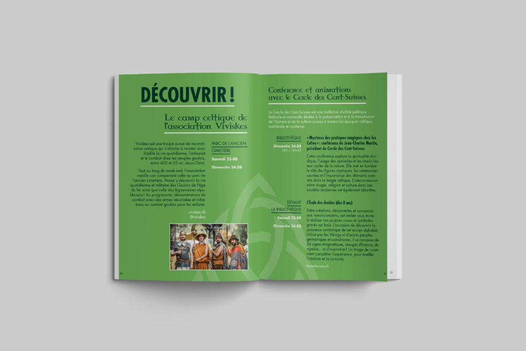 Affiche du festival Rencontres Musicales de Bernex 2025 conçue par Blou Design à Genève. Identité visuelle inspirée d'un noeud celtique, à l'ambiance verdoyante, et une typo très typée. Déclinée sur les supports imprimés et digitaux du festival : affiche, programme, flyer et signalétique.