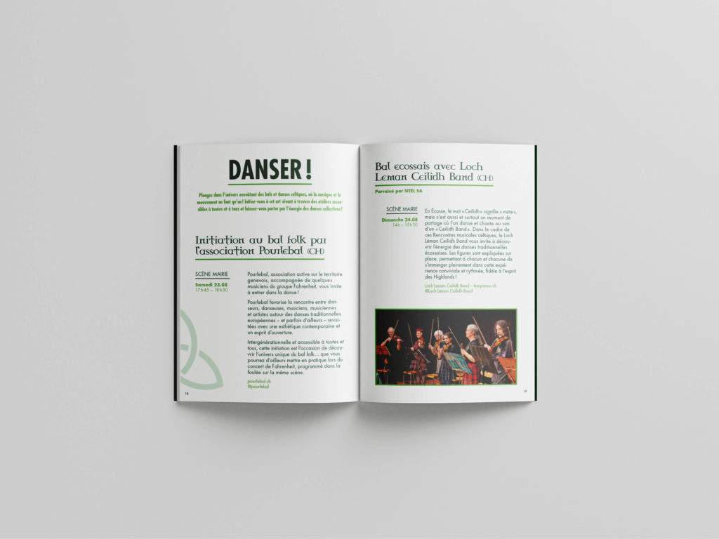 Affiche du festival Rencontres Musicales de Bernex 2025 conçue par Blou Design à Genève. Identité visuelle inspirée d'un noeud celtique, à l'ambiance verdoyante, et une typo très typée. Déclinée sur les supports imprimés et digitaux du festival : affiche, programme, flyer et signalétique.