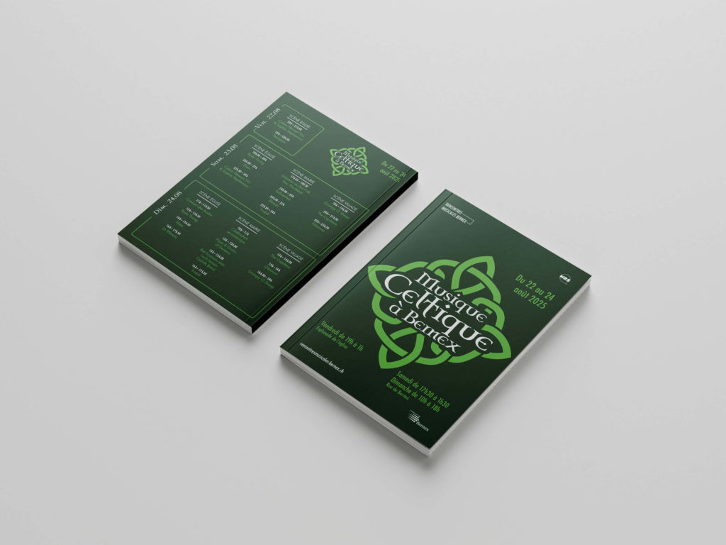 Affiche du festival Rencontres Musicales de Bernex 2025 conçue par Blou Design à Genève. Identité visuelle inspirée d'un noeud celtique, à l'ambiance verdoyante, et une typo très typée. Déclinée sur les supports imprimés et digitaux du festival : affiche, programme, flyer et signalétique.