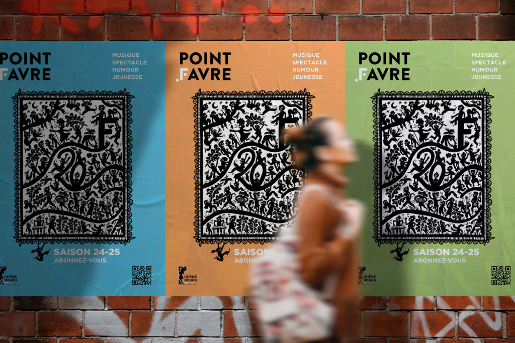 Affiche de la saison 2024-2025 du Point Favre, conçue par Blou Design à Genève en collaboration avec l’illustratrice Adrienne Barman. Mise en page harmonieuse fondée sur un code couleur original permettant d’identifier les différents styles de spectacles de la saison.