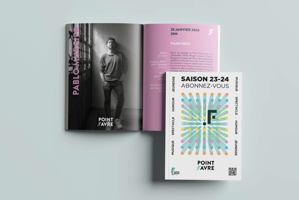 Programmes de saison du Point Favre conçus par Blou Design à Genève, incluant affiches, maquettes intérieures et supports digitaux. Identité visuelle colorée et contemporaine mettant en valeur les spectacles de musique, humour et jeunesse.