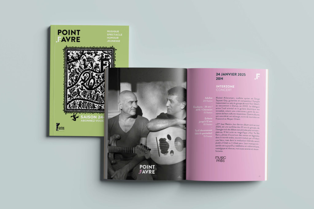 Programmes de saison du Point Favre saison 2024-2025 conçus par Blou Design à Genève. La couverture présente l'affiches de saison créer en collaboration avec l'illustratrice Adrienne Barman. Le programme et supports digitaux ont étét créer sur la base l'iIdentité visuelle mise en place, colorée et contemporaine mettant en valeur les spectacles de musique, humour et jeunesse.