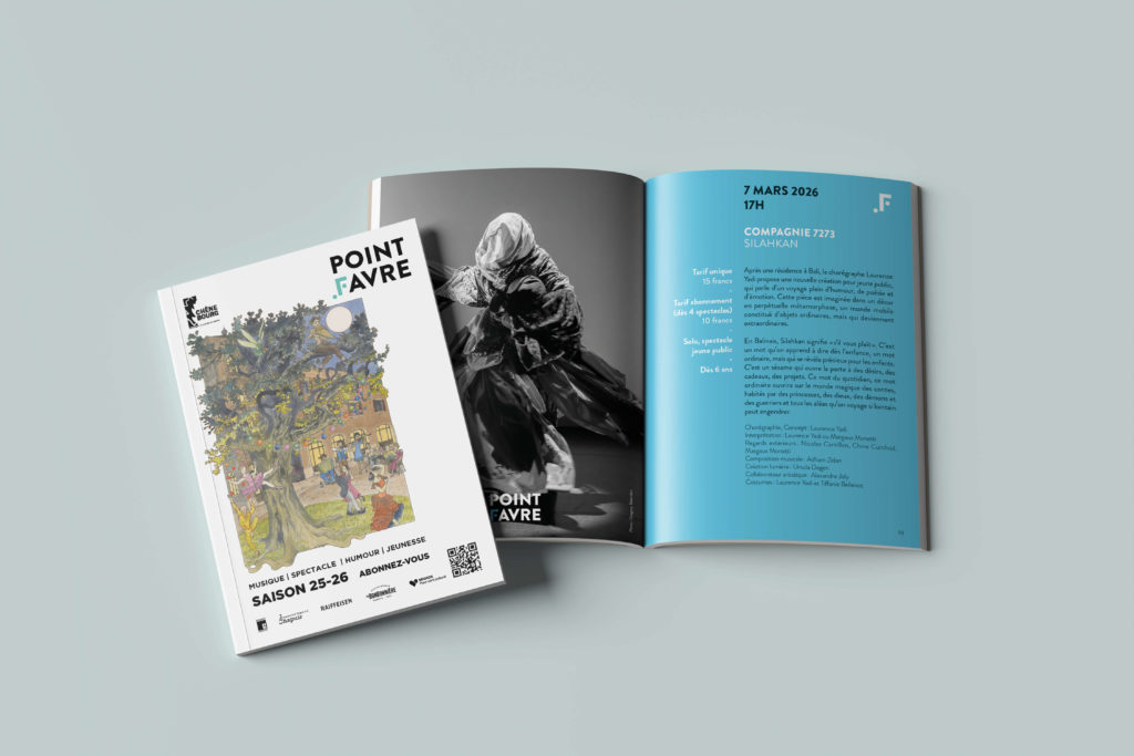 Programmes de saison du Point Favre saison 2025-2026 conçus par Blou Design à Genève. La couverture présente l'affiches de saison créer en collaboration avec l'illustratrice Marion Jiranek. Le programme et supports digitaux ont étét créer sur la base l'iIdentité visuelle mise en place, colorée et contemporaine mettant en valeur les spectacles de musique, humour et jeunesse.
