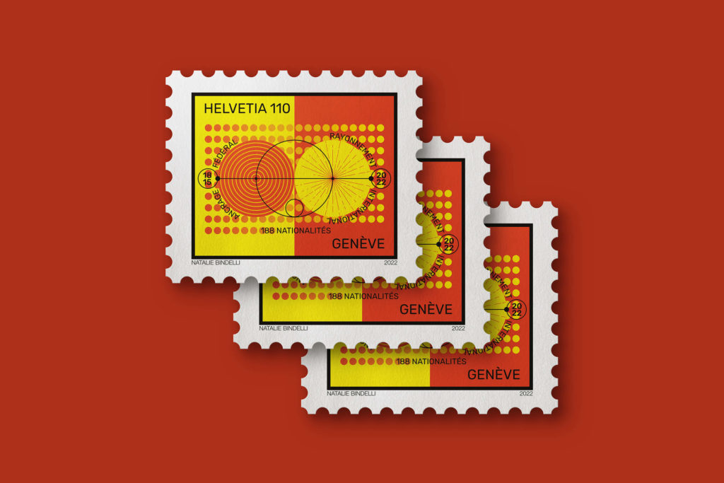 Sur mandat de la Pote Suisse, 26 graphistes ont illustré sur un timbre la singularité culturelle de chacun d’entre eux. ICi celui réalisé par Blou Design pour mon canton... Genève.