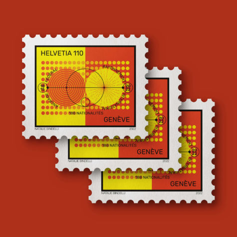 Sur mandat de la Pote Suisse, 26 graphistes ont illustré sur un timbre la singularité culturelle de chacun d’entre eux. ICi celui réalisé par Blou Design pour mon canton... Genève.