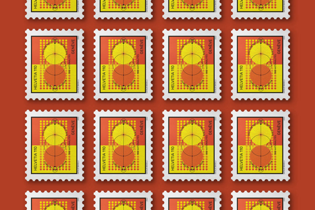 Sur mandat de la Pote Suisse, 26 graphistes ont illustré sur un timbre la singularité culturelle de chacun d’entre eux. ICi celui réalisé par Blou Design pour mon canton... Genève.