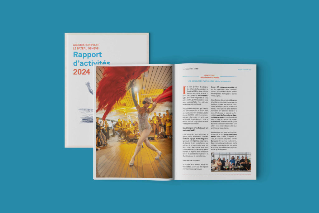 Rapport d’activités 2024 du Bateau Genève conçu par Blou Design. Couverture illustrée d’un noeud de bateau et mise en page intérieure intégrant infographies, chiffres clés et photographies dans une identité visuelle bleu et rouge évoquant la navigation.