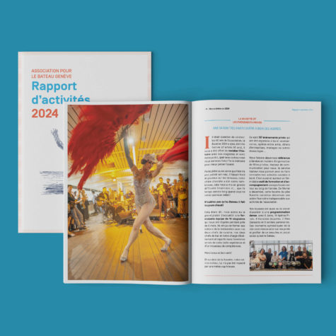 Rapport d’activités 2024 du Bateau Genève conçu par Blou Design. Couverture illustrée d’un noeud de bateau et mise en page intérieure intégrant infographies, chiffres clés et photographies dans une identité visuelle bleu et rouge évoquant la navigation.