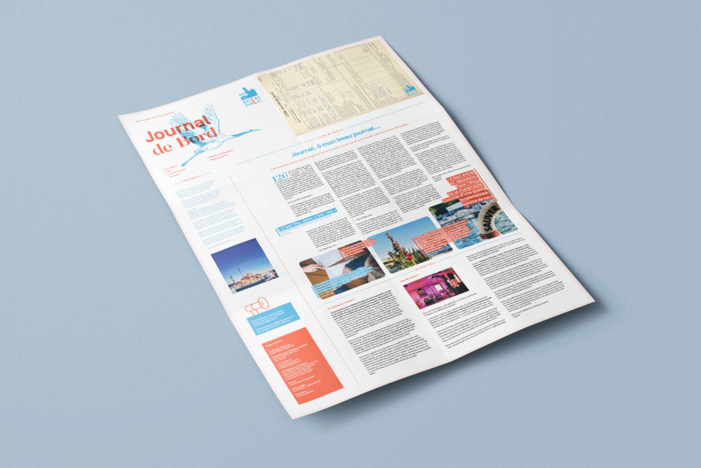 Journal de Bord du Bateau Genève, mise en page conçue par Blou Design à Genève. Design éditorial au format newspaper, combinant articles, illustrations et photographies dans une mise en page claire et moderne.