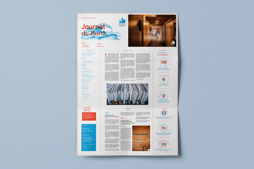 Journal de Bord du Bateau Genève, mise en page conçue par Blou Design à Genève. Design éditorial au format newspaper, combinant articles, illustrations et photographies dans une mise en page claire et moderne.