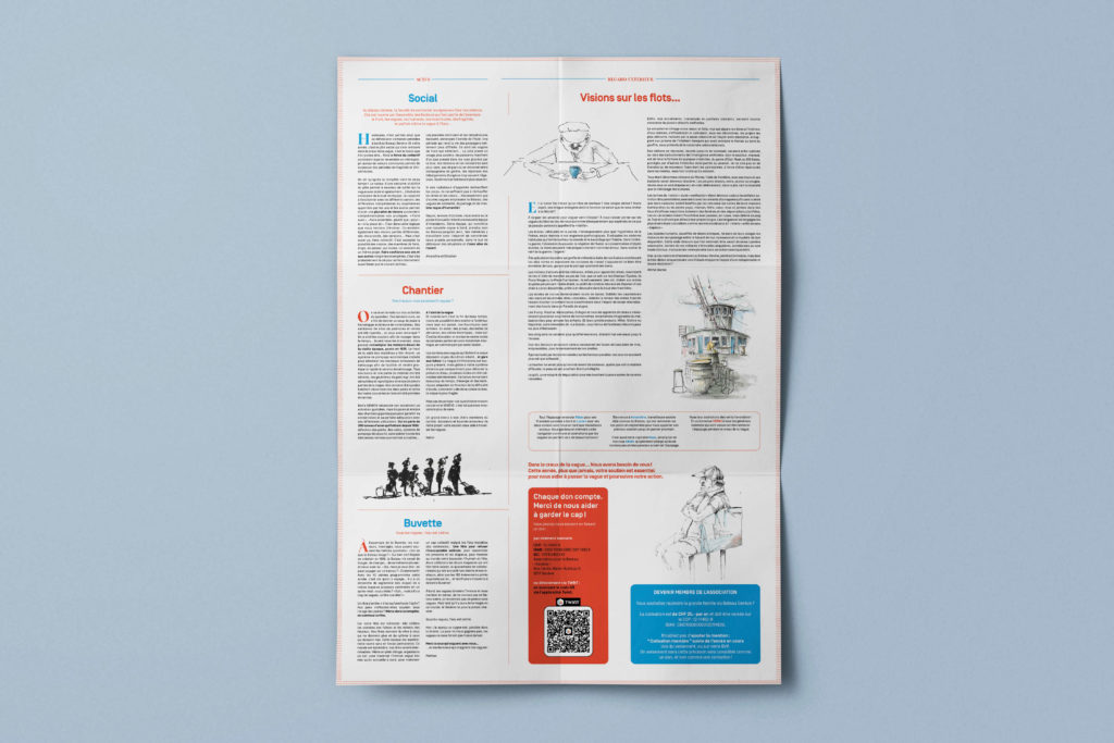 Journal de Bord du Bateau Genève, mise en page conçue par Blou Design à Genève. Design éditorial au format newspaper, combinant articles, illustrations et photographies dans une mise en page claire et moderne.