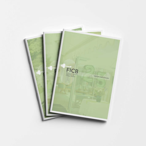 Rapport annuel de la FICB conçu par Blou Design à Genève, avec une mise en page claire et moderne intégrant tableaux financiers et visuels. Couverture verte épurée sur fond photographique, reflétant l’identité institutionnelle de la fondation.