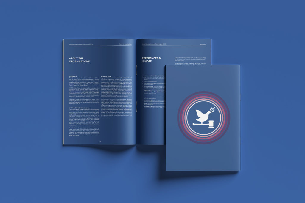 Rapport annuel conçu à Genève par Blou Design, présentant une mise en page claire, des infographies et des tableaux chiffrés. Couverture bleue avec une colombe stylisée et intérieur aux tons colorés, réalisé pour une entreprise internationale, Peace Nexus. Rapport ici en français, mais traduit dans 3 autres différentes langues