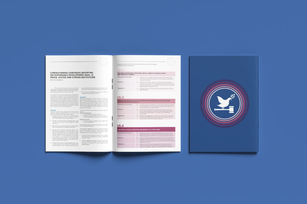 Rapport annuel conçu à Genève par Blou Design, présentant une mise en page claire, des infographies et des tableaux chiffrés. Couverture bleue avec une colombe stylisée et intérieur aux tons colorés, réalisé pour une entreprise internationale, Peace Nexus. Rapport ici en français, mais traduit dans 3 autres différentes langues
