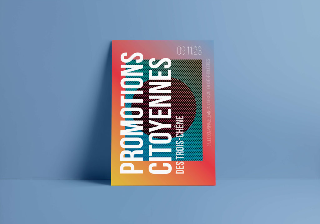 Affiches colorées pour les Promotions citoyennes des Trois-Chênes, ici organisée par la commune de Chêne-Bougeries en 2023, créées par Blou Design à Genève. Design graphique aux formes géométriques et dégradés lumineux symbolisant la jeunesse, la diversité et la citoyenneté.