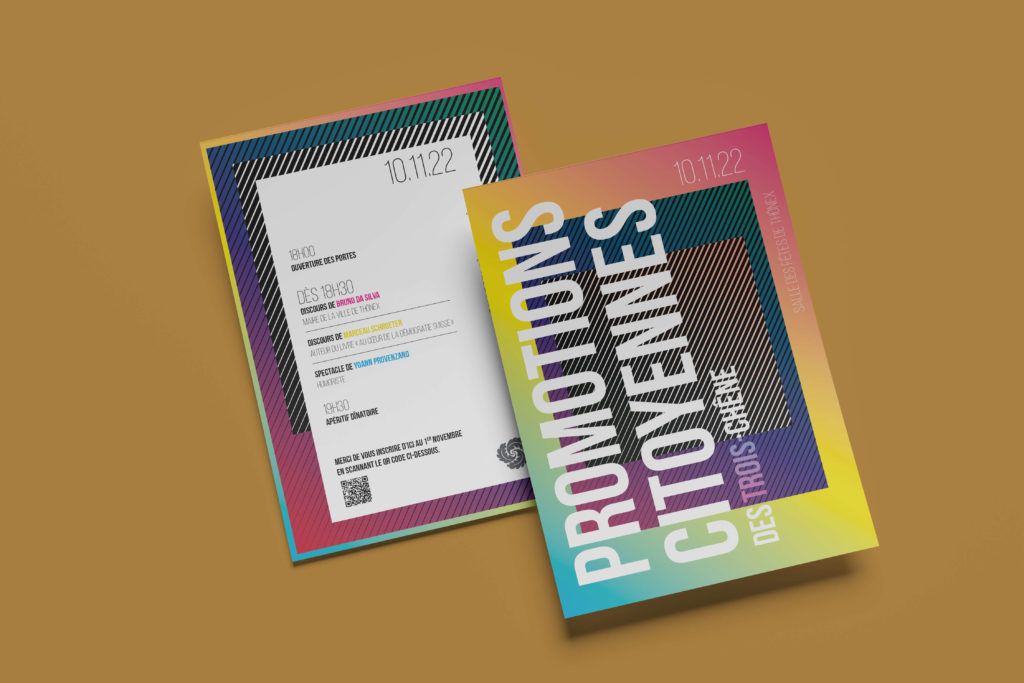 Affiches colorées pour les Promotions citoyennes des Trois-Chênes, ici organisée par la commune de Thônex en 2022, créées par Blou Design à Genève. Design graphique aux formes géométriques et dégradés lumineux symbolisant la jeunesse, la diversité et la citoyenneté.