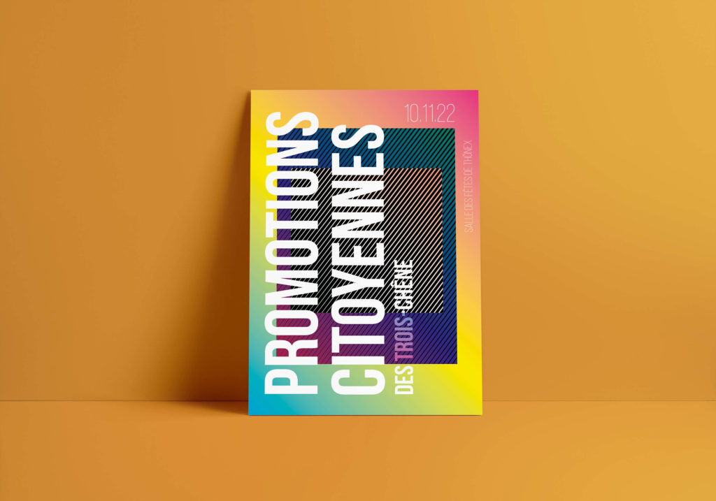 Affiches colorées pour les Promotions citoyennes des Trois-Chênes, ici organisée par la commune de Thônex en 2022, créées par Blou Design à Genève. Design graphique aux formes géométriques et dégradés lumineux symbolisant la jeunesse, la diversité et la citoyenneté.