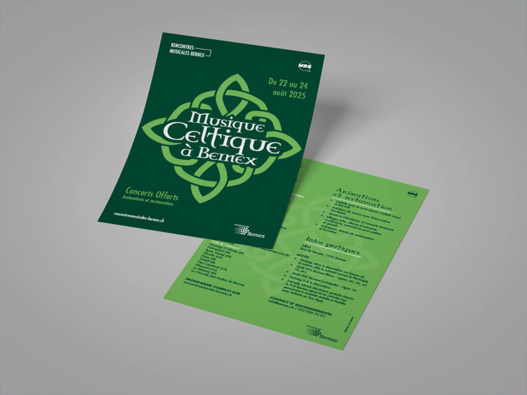 Affiche du festival Rencontres Musicales de Bernex 2025 conçue par Blou Design à Genève. Identité visuelle inspirée d'un noeud celtique, à l'ambiance verdoyante, et une typo très typée. Déclinée sur les supports imprimés et digitaux du festival : affiche, programme, flyer et signalétique.