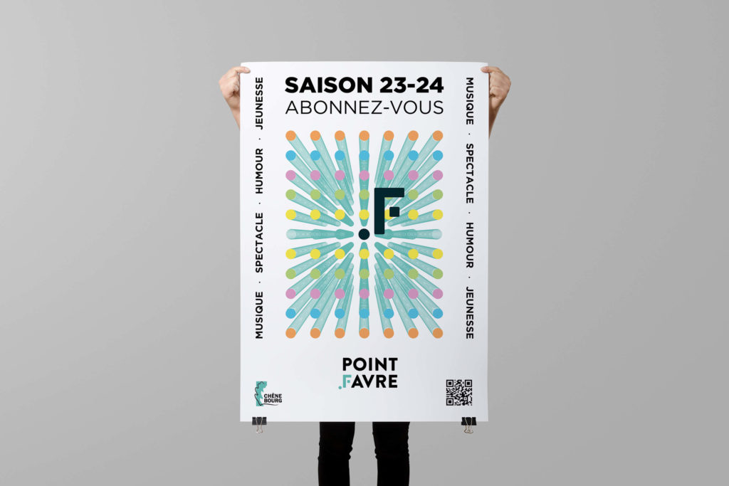 Affiche de saison du Point Favre conçus par Blou Design à Genève, une identité visuelle colorée et contemporaine mettant en valeur les spectacles, la musique, l’humour et la jeunesse avec un code couleur défini, et le logo en son centre.