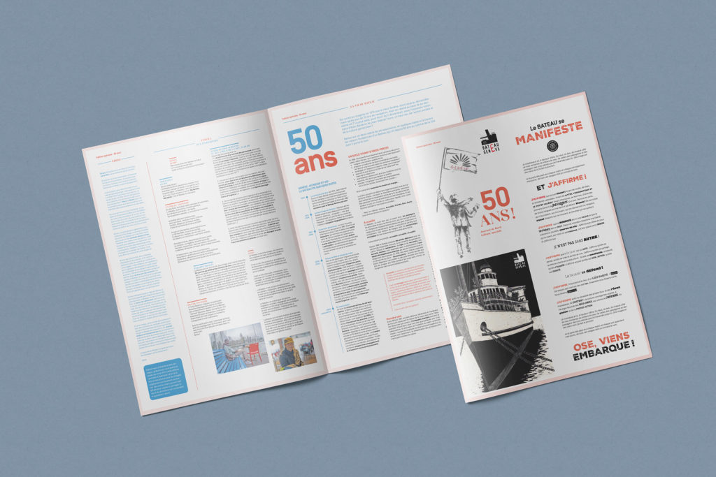 Journal de Bord du Bateau Genève, mise en page conçue par Blou Design à Genève. Design éditorial au format newspaper, combinant articles, illustrations et photographies dans une mise en page claire et moderne.