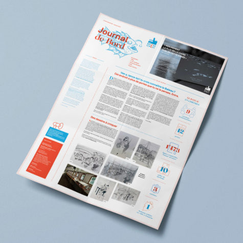 Journal de Bord du Bateau Genève, mise en page conçue par Blou Design à Genève. Design éditorial au format newspaper, combinant articles, illustrations et photographies dans une mise en page claire et moderne.