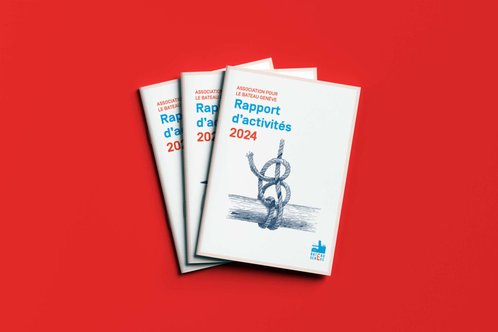 Couverture des rapport d’activités 2022,2023,2024 du Bateau Genève conçu par Blou Design. Couverture illustrée avec des éléments liés à la navigation et mise en page intérieure intégrant infographies, chiffres clés et photographies dans une identité visuelle bleu et rouge évoquant la navigation.