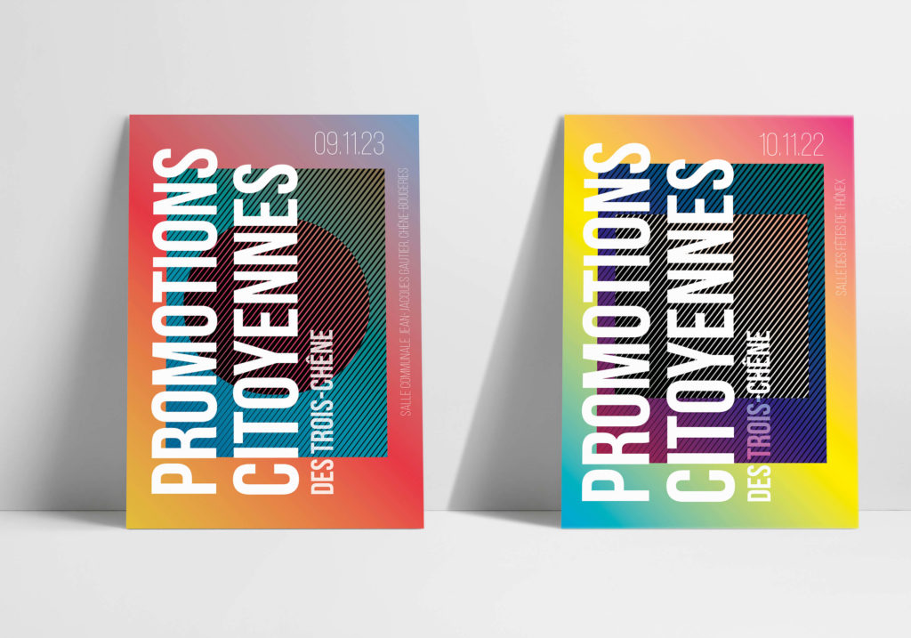 Affiches colorées pour les Promotions citoyennes des Trois-Chênes durant deux années consécutives, créées par Blou Design à Genève. Design graphique aux formes géométriques et dégradés lumineux symbolisant la jeunesse, la diversité et la citoyenneté.