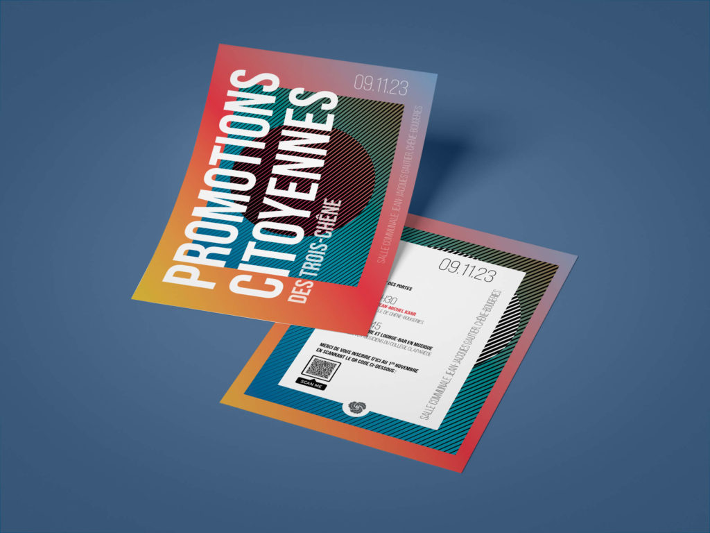 Affiches colorées pour les Promotions citoyennes des Trois-Chênes, ici organisée par la commune de Chêne-Bougeries en 2023, créées par Blou Design à Genève. Design graphique aux formes géométriques et dégradés lumineux symbolisant la jeunesse, la diversité et la citoyenneté.