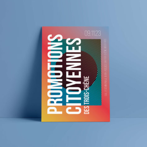 Affiches colorées pour les Promotions citoyennes des Trois-Chênes, ici organisée par la commune de Chêne-Bougeries en 2023, créées par Blou Design à Genève. Design graphique aux formes géométriques et dégradés lumineux symbolisant la jeunesse, la diversité et la citoyenneté.