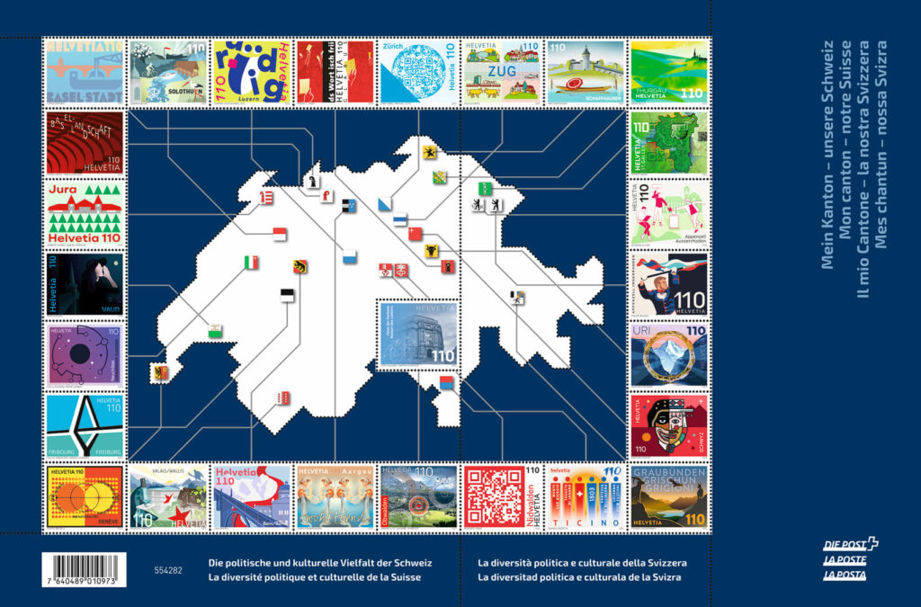 Sur mandat de la Pote Suisse, 26 graphistes ont illustré sur un timbre la singularité culturelle de chacun d’entre eux. ICi celui réalisé par Blou Design pour mon canton... Genève.