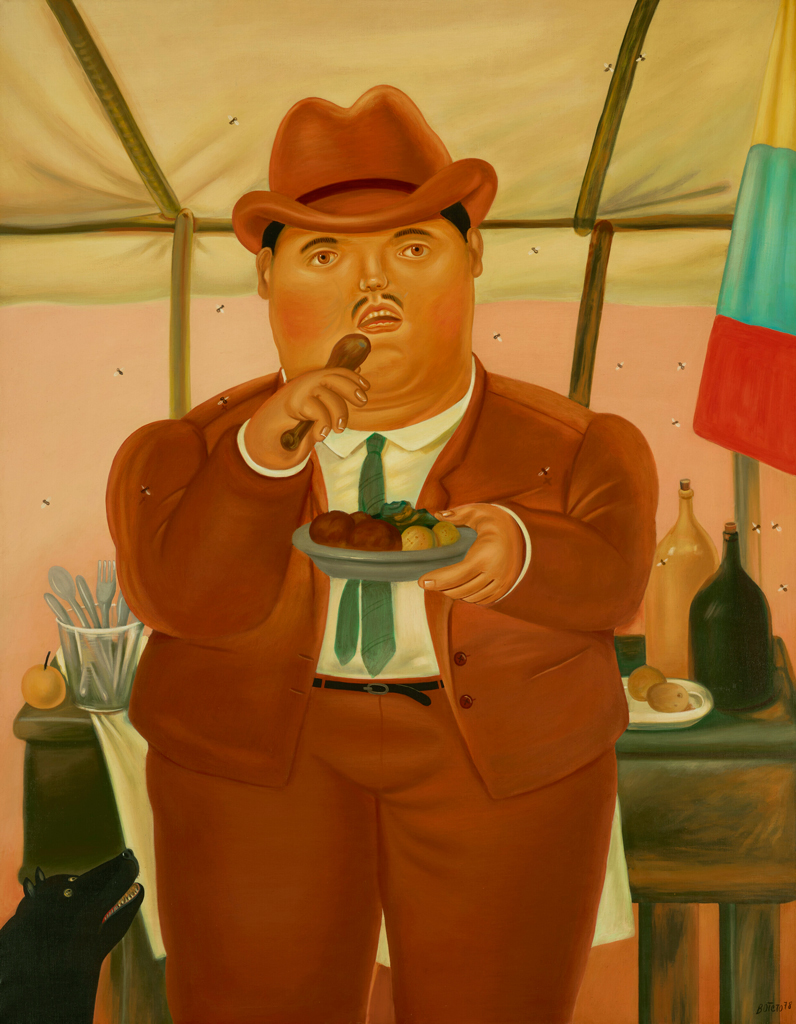 Peinture de Botero d'un homme mangeant une cuisse de poulet