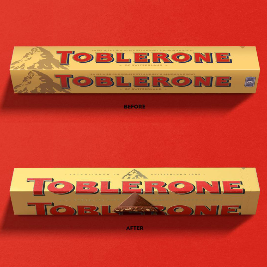 Packagin de la barre chocolatée suisse Toblerone avant et après le rachat de l'entreprise par une société étrangère