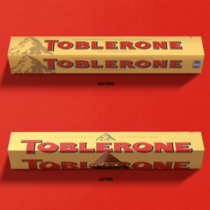 Packagin de la barre chocolatée suisse Toblerone avant et après le rachat de l'entreprise par une société étrangère